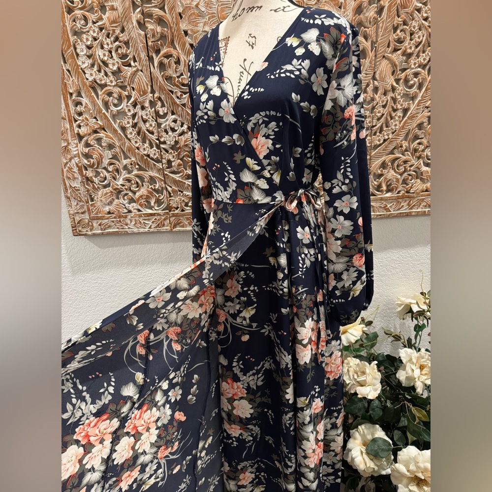 CUPSHE Floral Print Maxi Dress A-line Long Sleeves Wrap Dress- size M (8-10) - Picture 8 of 16